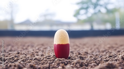 Unique Seedling in Soil,   A Red and Beige Seed Sprouting in Brown Earth