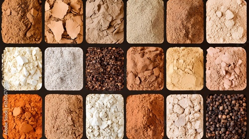 Variety of Spices and Powders Collection,   Aromatic Ground Ingredients for Cooking