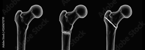Femur fracture types: normal femur, intertrochanteric fracture, and subtrochanteric fracture, 3D illustration photo