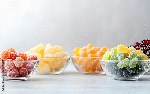 Assorted Delicious Sugar Coated Gummy Candy in Glass Bowls
