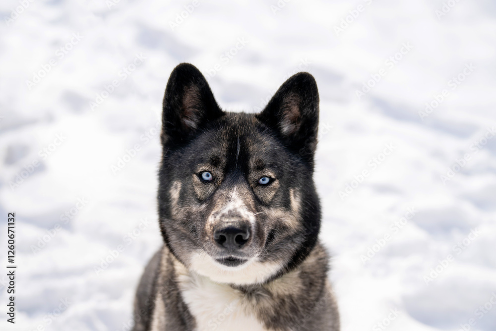 Obraz premium Husky dog in the snow. Siberian husky with blue eyes in winter park. Dog playing outside in the winter, happy snow loving. 