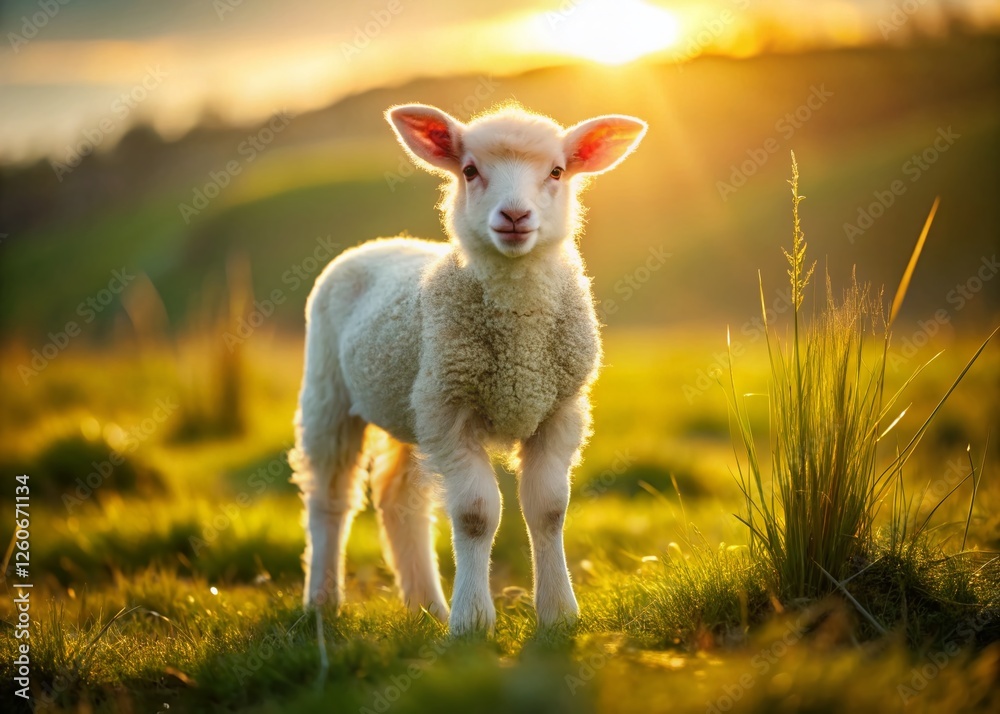 Fluffy White Lamb in Sunny Grassy Field - Adorable Farm Animal Stock Photo Fluffy White Lamb in Sunny Grassy Field - Adorable Farm Animal Stock Photo
