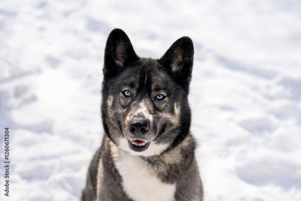 Husky dog in the snow. Siberian husky with blue eyes in winter park. Dog playing outside in the winter, happy snow loving. Husky dog in the snow. Siberian husky with blue eyes in winter park. Dog playing outside in the winter, happy snow loving.