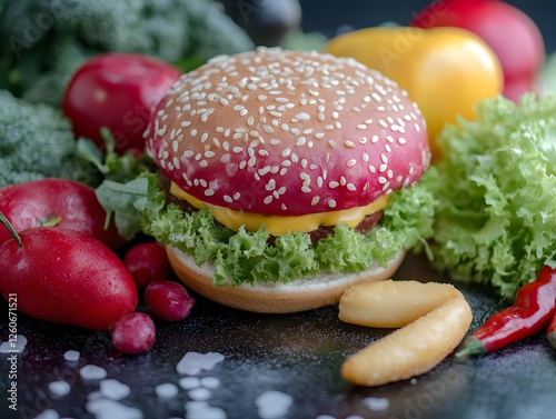 Delicious Red Burger with Sesame Bun, Lettuce, Cheese and Fresh Vegetables