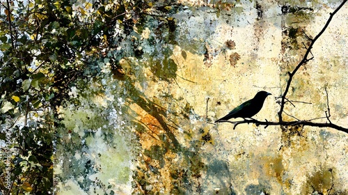 Abstract Bird on Branch Grunge Texture Wall Art