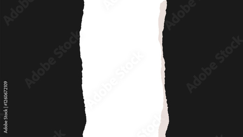 Horizontal banner with black paper torn into 2 parts isolated on transparent background. Empty page with uneven white edges. Template for text box, layout, collage. Vector EPS10 1920, 1080