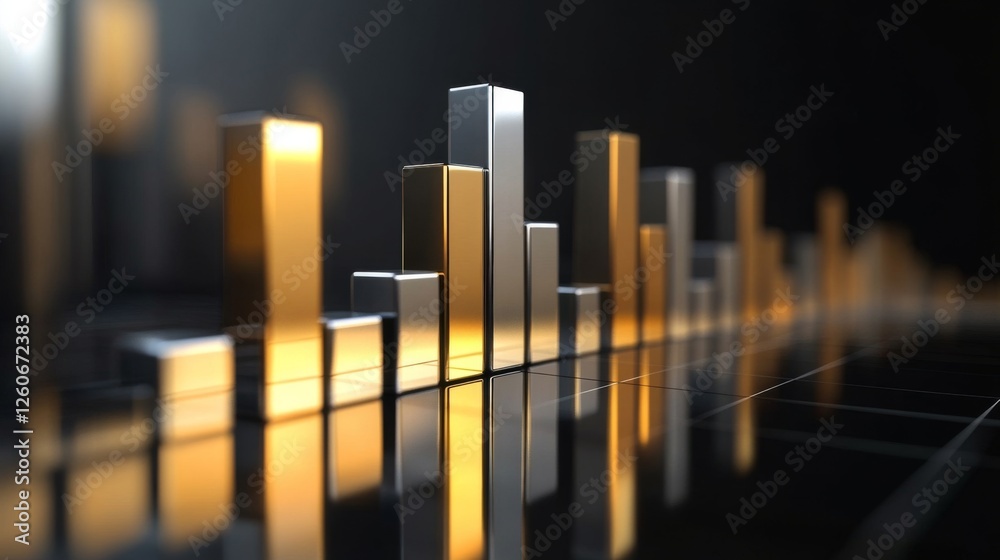 A corporate bar graph with silver and gold bars, representing financial performance, set against a dark background with subtle reflections and floating labels. A corporate bar graph with silver and gold bars, representing financial performance, set against a dark background with subtle reflections and floating labels.