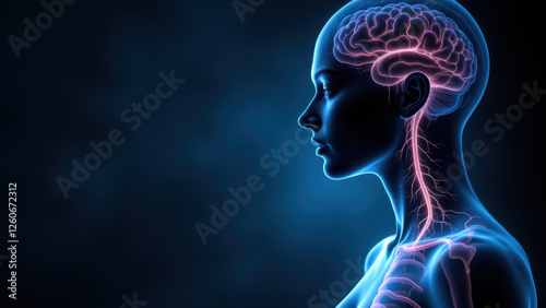 Image shows a detailed visual of VNS - Vagus Nerve Stimulation with highlighted central nervous system pathways.