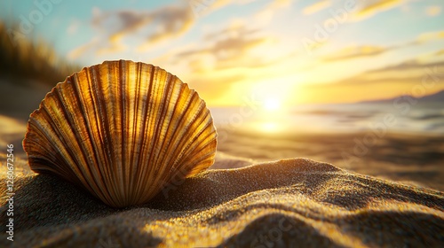 Golden Seashell on Sandy Beach at Sunset