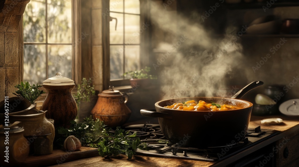 A cozy kitchen scene featuring a bubbling stew in a cast-iron pot on the stove, with aromatic herbs and spices arranged nearby, evoking warmth and comfort. A cozy kitchen scene featuring a bubbling stew in a cast-iron pot on the stove, with aromatic herbs and spices arranged nearby, evoking warmth and comfort.