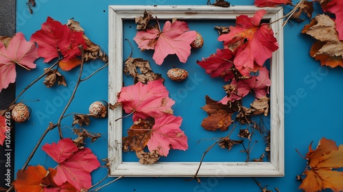 Autumn Leaves and Eggs in White Frame on Blue Background
