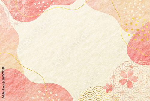 春　桜　水彩風 曲線 和柄　和紙の背景