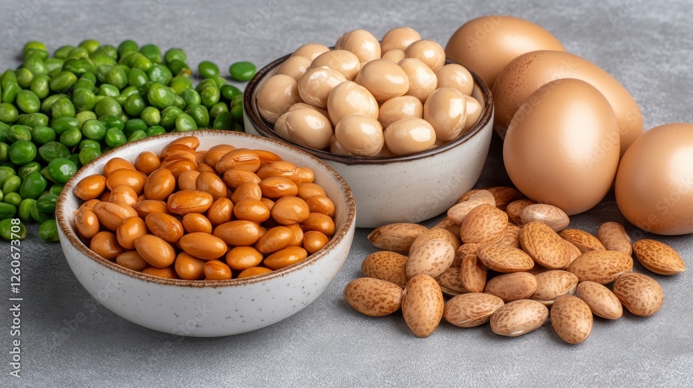 Closeup view of assorted canned goods, including peas, beans, and eggs, along with almonds, in small bowls on a gray stone surface. The food items Closeup view of assorted canned goods, including peas, beans, and eggs, along with almonds, in small bowls on a gray stone surface. The food items