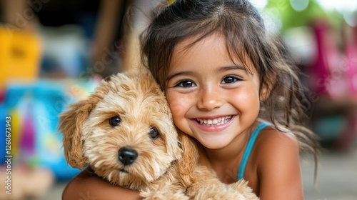 A delighted young girl wraps her arms around a fluffy puppy, sharing a heartwarming moment filled with joy and innocence that reflects the unbeatable bond between children and pets.