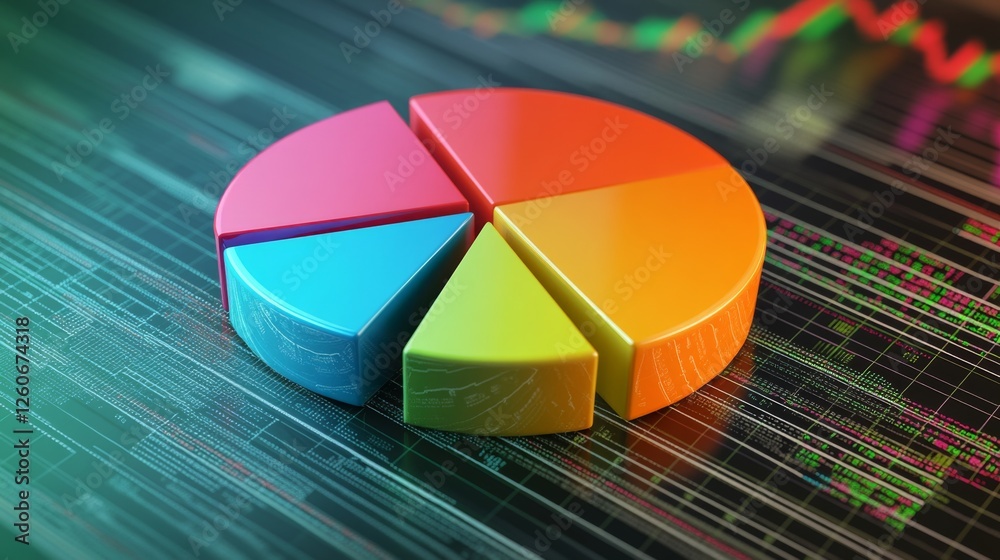 Fototapeta premium A dynamic financial pie chart with segmented slices, showing investment portfolio allocation, overlaid on a digital background filled with stock market trends.