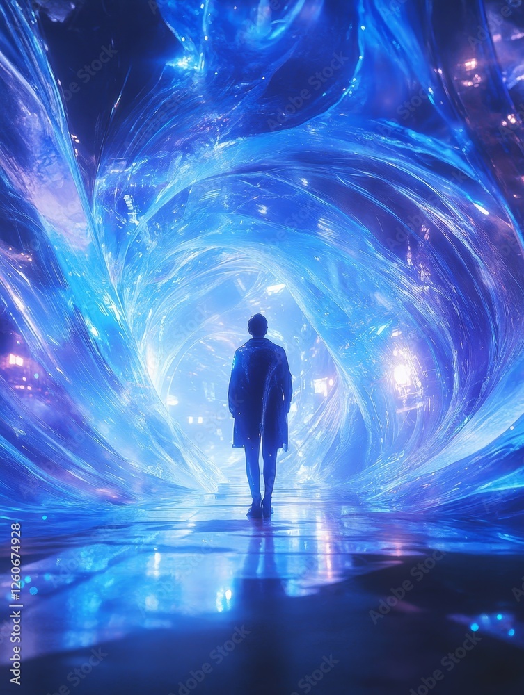 Into the Blue Realm - A solitary figure journeys through a vibrant, dynamic landscape, symbolizing exploration, innovation, technology, mystery, and the future Into the Blue Realm - A solitary figure journeys through a vibrant, dynamic landscape, symbolizing exploration, innovation, technology, mystery, and the future