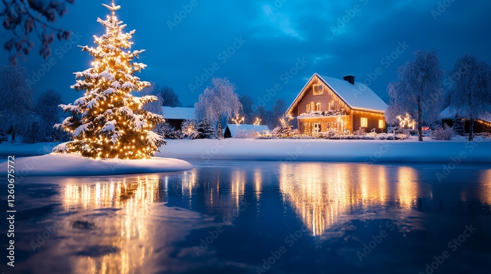 Fototapeta premium Lakeside Village Christmas Eve - Festive Christmas scene: snow-covered village, illuminated Christmas tree on a lake island, cozy house with lights, reflecting lights on calm water. Symbolizes peace