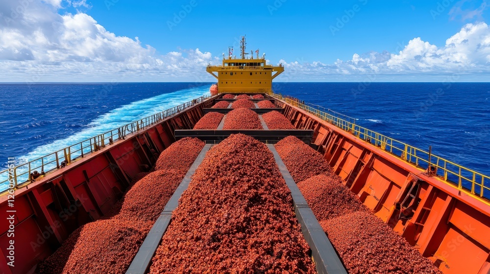 Obraz premium Full shot of a cargo vessel's bow, showcasing a large quantity of orange red cargo piled high within the vessel's hold. The perspective is from the