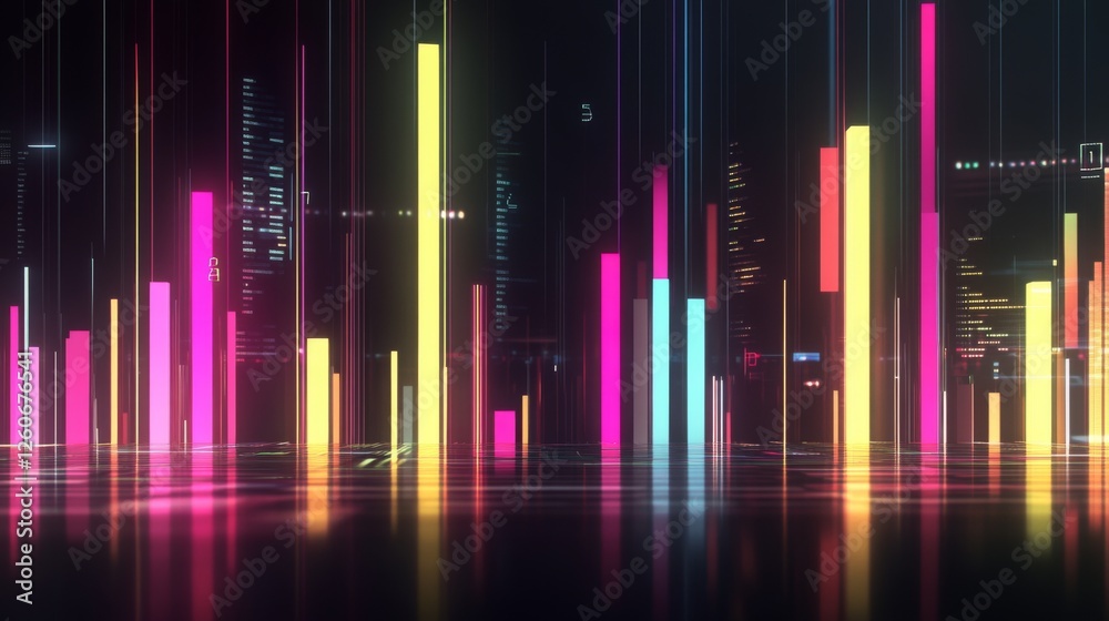 A high-tech bar chart featuring glowing neon bars, representing financial trends, set against a dark backdrop with floating data labels and percentage points. A high-tech bar chart featuring glowing neon bars, representing financial trends, set against a dark backdrop with floating data labels and percentage points.