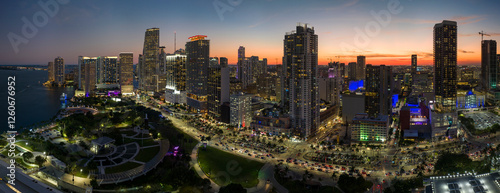 Aerial view of downtown office district of of Miami Brickell in Florida, USA at night. High commercial and residential skyscraper buildings in modern american megapolis