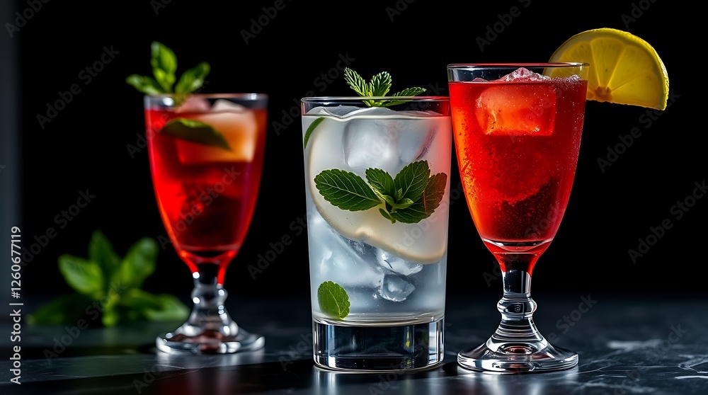 Close-up photo of delicious alcohol drinks with mint leaves on table Close-up photo of delicious alcohol drinks with mint leaves on table