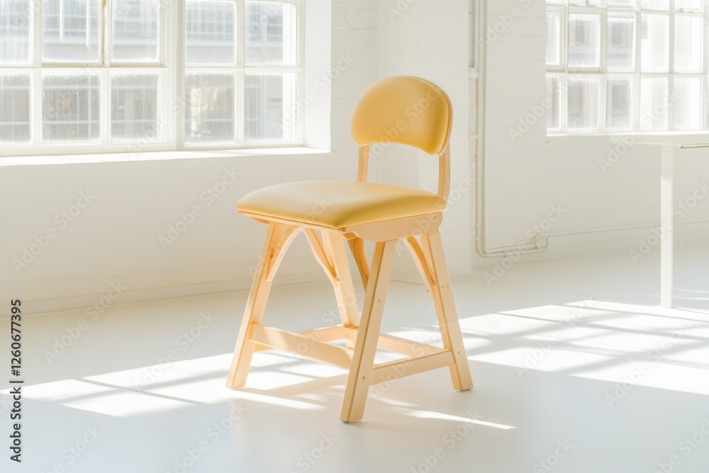 Fototapeta premium Kneeling Chair With Vibrant Yellow Cushion in a Bright Minimalist Office Setting for Modern Workspace Design