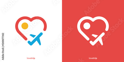 Simple Love Trip Logo. Heart Love Shape and Airplane Graphic Icons. Love Traveling Logo Design Template.