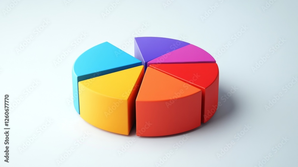 Obraz premium A multi-colored D pie chart in a minimalist style, with sections slightly lifted to show the data split, presented on a clean, white background.