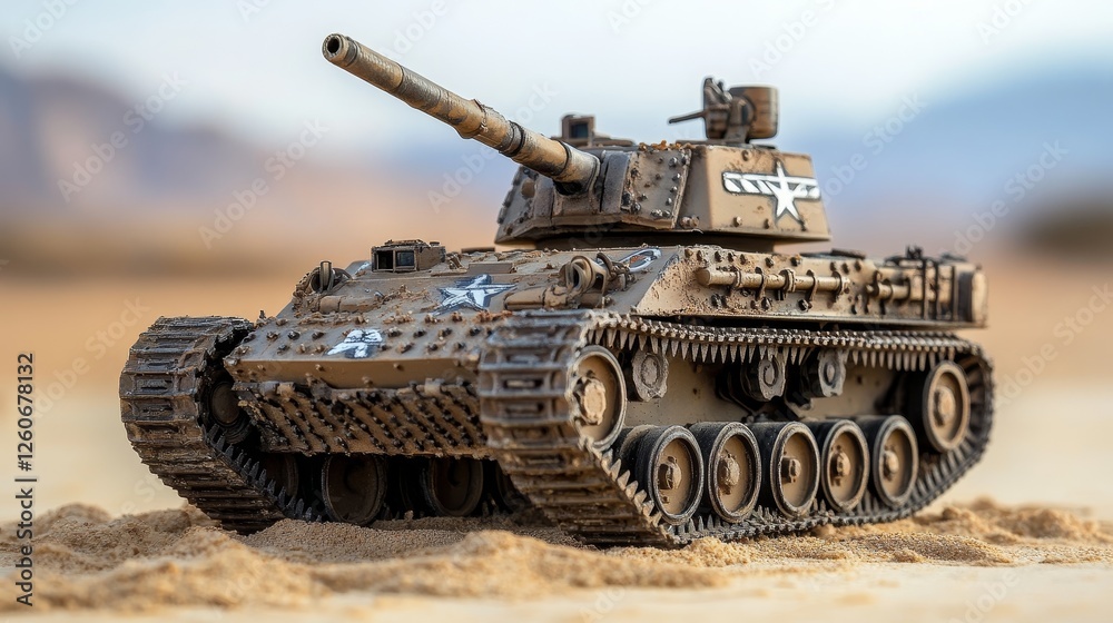 Military Tank Model on Sand - Close-up of a weathered military tank model sitting on sand. Detailed model with realistic texture Military Tank Model on Sand - Close-up of a weathered military tank model sitting on sand. Detailed model with realistic texture