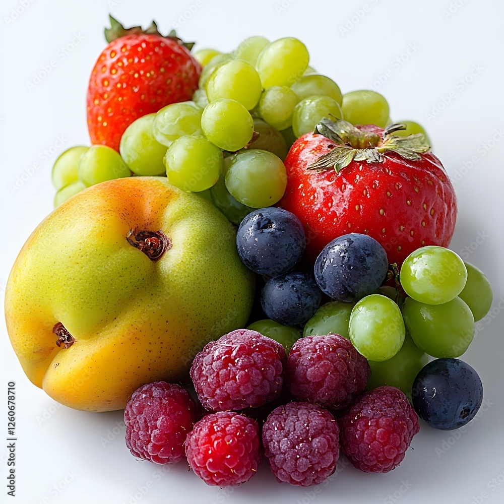 Fresh summer fruit mix strawberries, grapes, raspberries, peaches. Healthy food photography for recipes, blogs Fresh summer fruit mix strawberries, grapes, raspberries, peaches. Healthy food photography for recipes, blogs