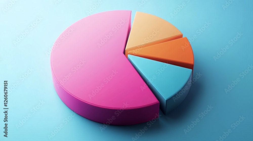 Obraz premium A rotating D pie chart with colorful, layered sections representing data, with numbers and labels floating beside each slice for clarity.