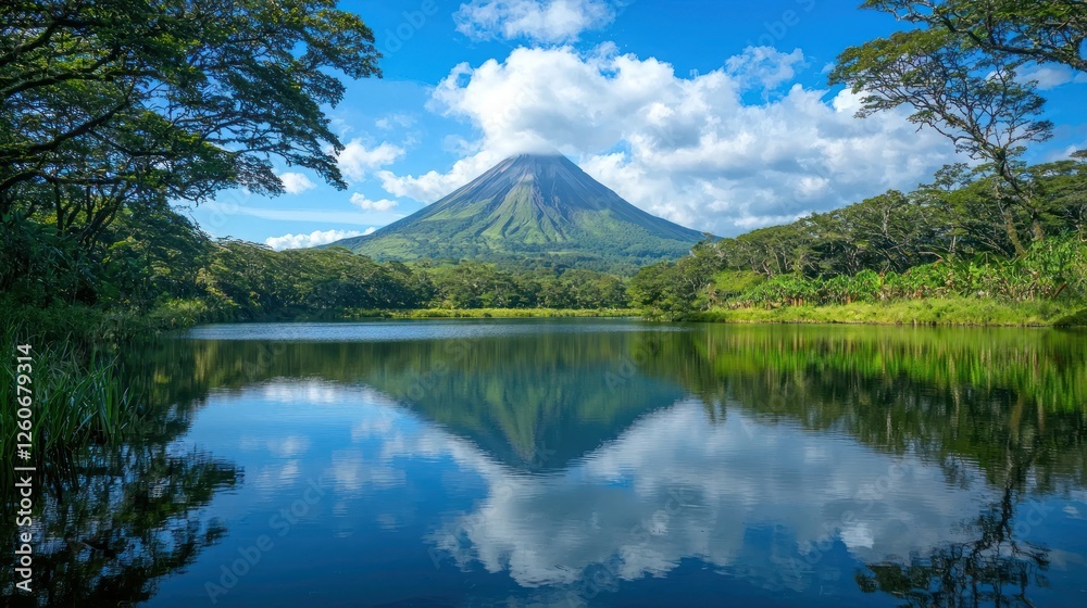 A tranquil lake reflecting a towering mountain in the background. A tranquil lake reflecting a towering mountain in the background.