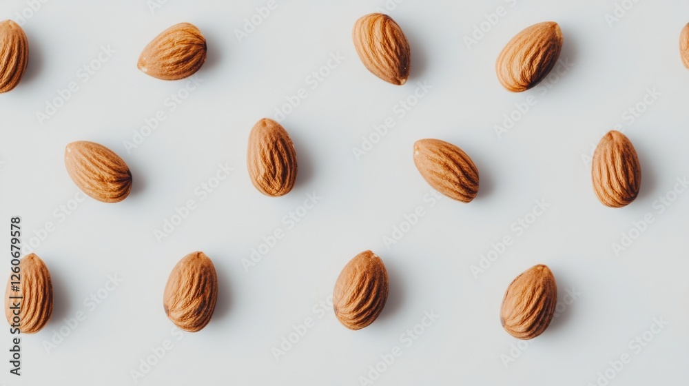 Almonds arranged on white background, food photography, healthy snack Almonds arranged on white background, food photography, healthy snack