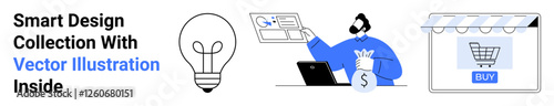 Light bulb symbolizing ideas, person analyzing finances on laptop, online shop storefront with buy button. Ideal for business, e-commerce, finance, creativity, marketing, innovation flat landing