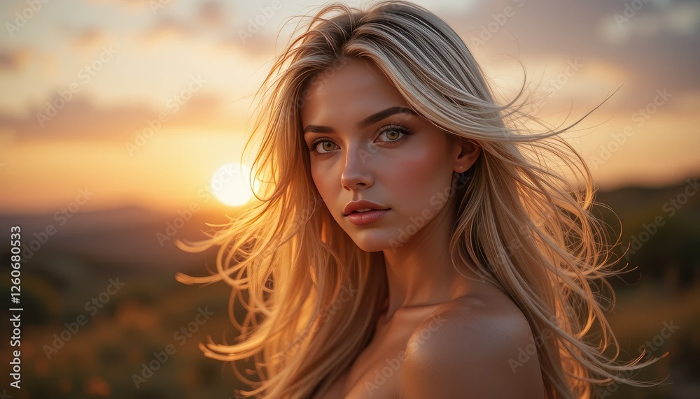 A high-resolution portrait of a blonde model with long, flowing hair partially covering her bare skin A high-resolution portrait of a blonde model with long, flowing hair partially covering her bare skin