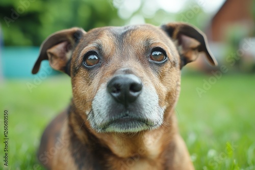 Close-up of brown dog on green grass with blurred background photo