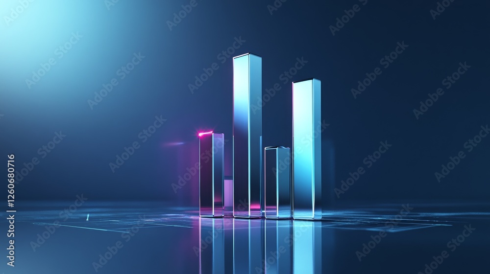 Fototapeta premium A sleek, futuristic D bar graph with metallic bars rising from a reflective surface, set against a dark gradient background, highlighting business growth.