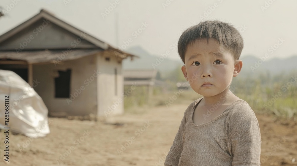 Child stares at camera in front of simple village home Child stares at camera in front of simple village home