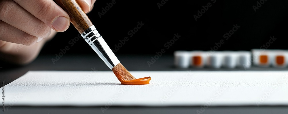 Artistic hand holding paintbrush on paper. Artistic hand holding paintbrush on paper.