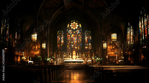 Wallpaper Mural Cathedral interior, stained glass, altar, evening prayer Torontodigital.ca