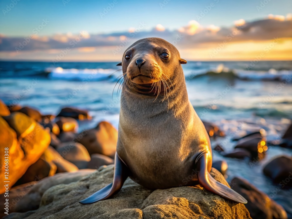 Fototapeta premium Fur Seal on Rocks, Coastal Wildlife, South American Sea Lion, Arctocephalus Australis, Ocean Mammal