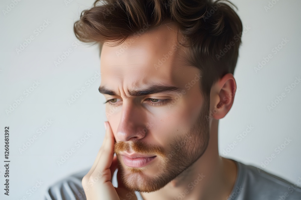 Obraz premium Caucasian young male experiencing toothache with hand on face