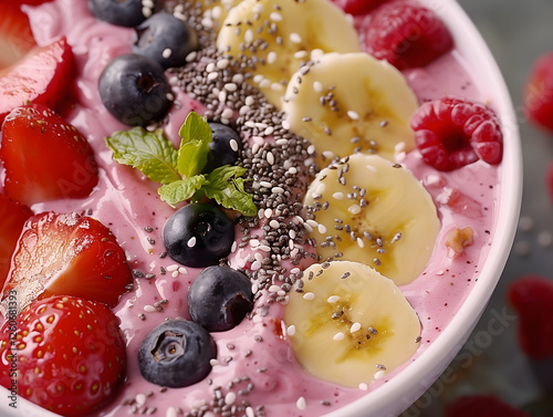 Delicious and Healthy Smoothie Bowl Topped with Fresh Strawberries, Blueberries, Bananas, Raspberries, and Chia Seeds, Creating a Vibrant and Nutritious Superfood Meal with Natural Ingredients and Bea photo