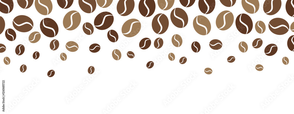 Obraz premium Frame of aromatic coffee beans on a white background. Banner, greeting card, poster. Coffee beans are falling