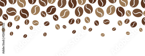 Frame of aromatic coffee beans on a white background. Banner, greeting card, poster. Coffee beans are falling