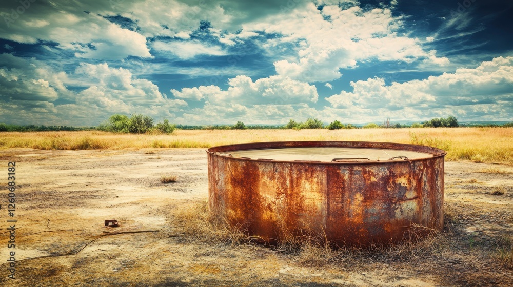 Naklejka premium Rusty Oil Tank Under Dramatic Sky in Abandoned Rural Landscape