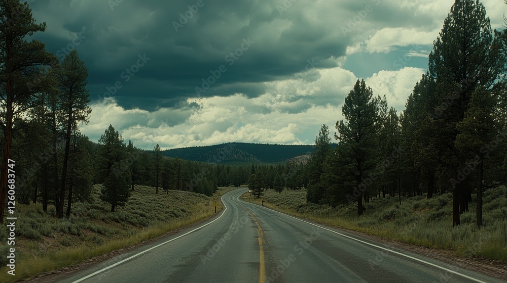Fototapeta premium Scenic winding road through forested landscape under cloudy sky