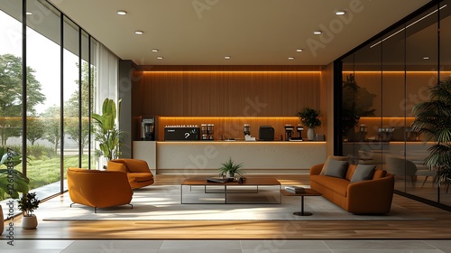 Hybrid office cafe area with comfortable chairs, coffee stations, and casual work tables