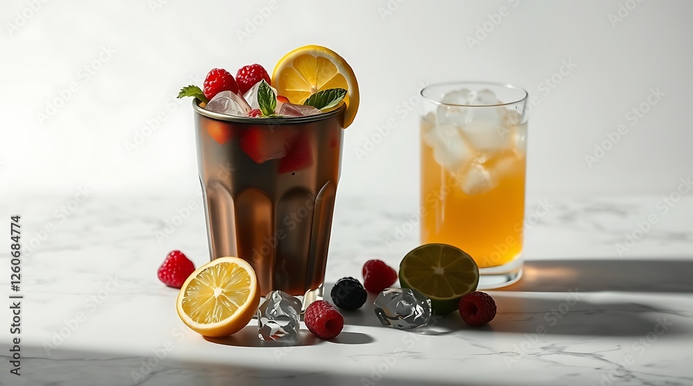 Summer drinks with ice, fresh berries, lemon and lime isolated on white Summer drinks with ice, fresh berries, lemon and lime isolated on white