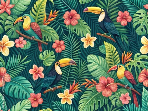 Vibrant Tropical Pattern with Colorful Birds and Exotic Floral Elements in Lush Green Background